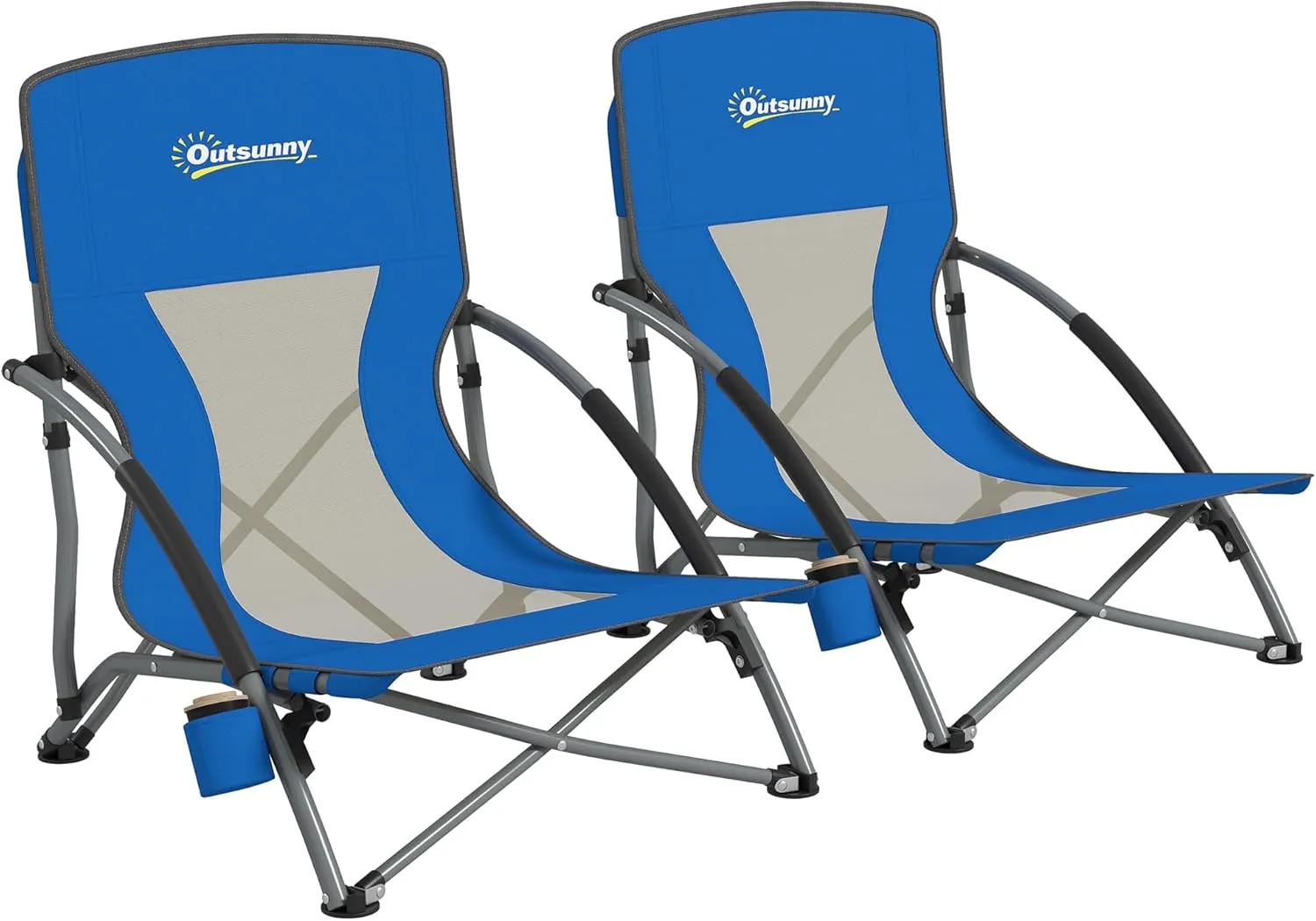 Outsunny Set of 2 Backpack Beach Chair, Folding Beach Chairs with Mesh Back, Carry Bag and Cup Holder, Lightweight and Portable for Outdoor Camping Lawn Sports Picnic, Dark Blue