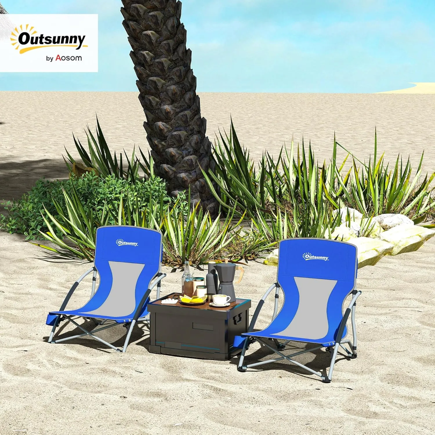 Outsunny Set of 2 Backpack Beach Chair, Folding Beach Chairs with Mesh Back, Carry Bag and Cup Holder, Lightweight and Portable for Outdoor Camping Lawn Sports Picnic, Dark Blue
