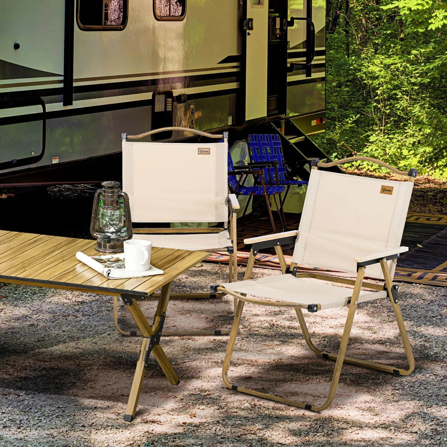 Outsunny Set Of 2 Folding Camping Chair, Portable Armchairs, Khaki