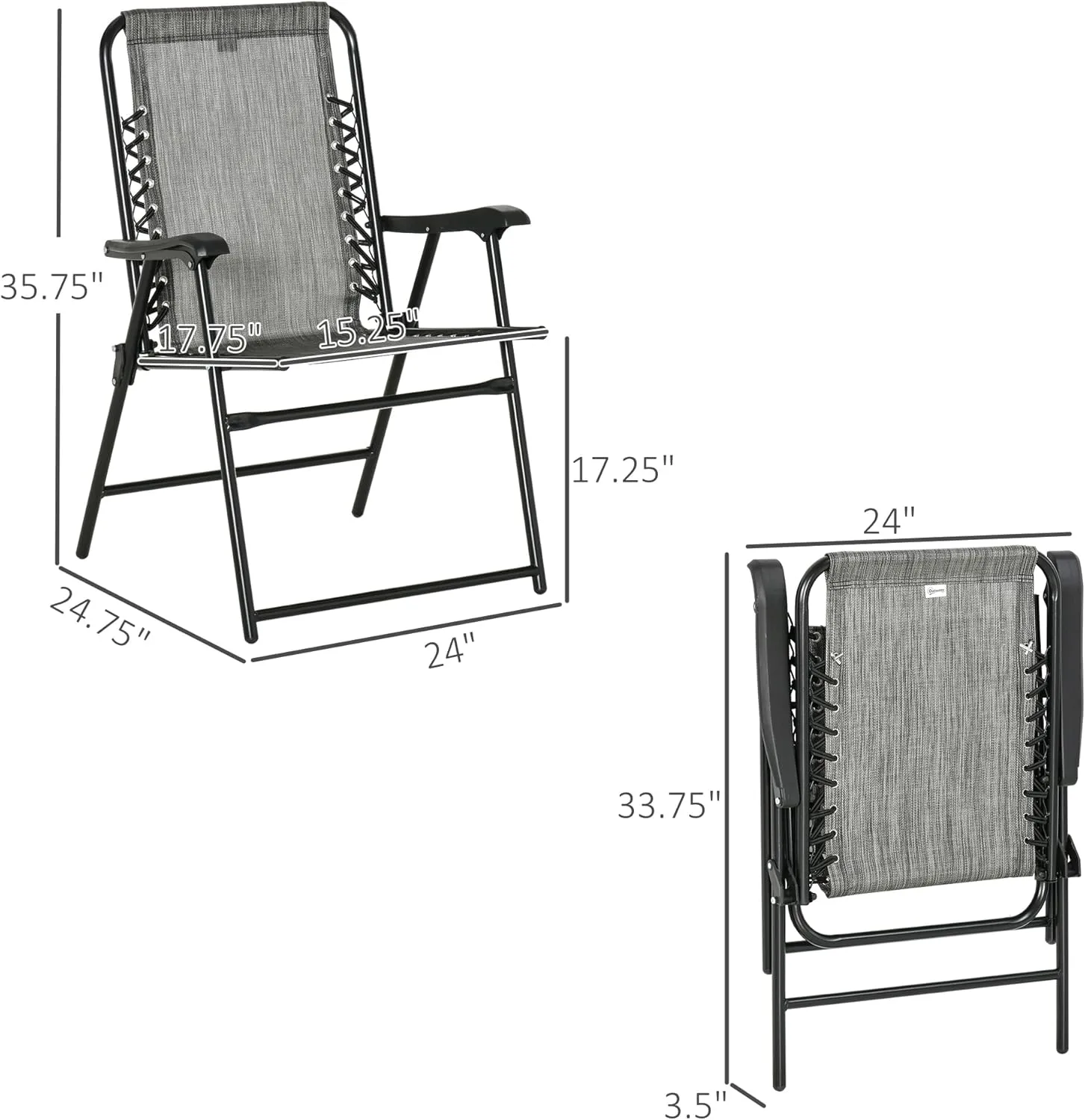 Outsunny Set of 2 Patio Folding Chairs, Outdoor Bungee Sling Chairs w/Armrests, Portable Lawn Chairs for Camping, Garden, Pool, Beach, Backyard, Gray