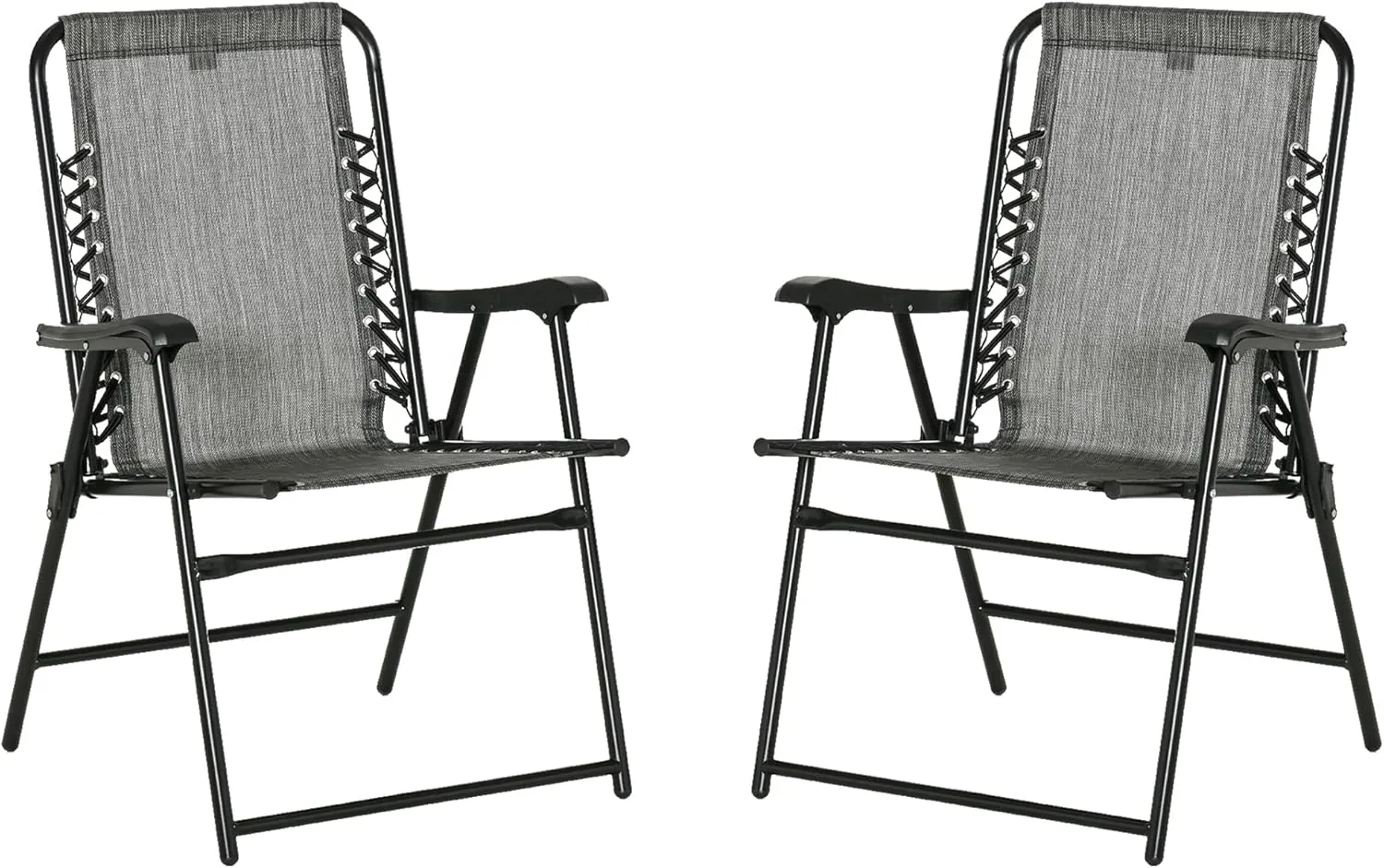 Outsunny Set of 2 Patio Folding Chairs, Outdoor Bungee Sling Chairs w/Armrests, Portable Lawn Chairs for Camping, Garden, Pool, Beach, Backyard, Gray