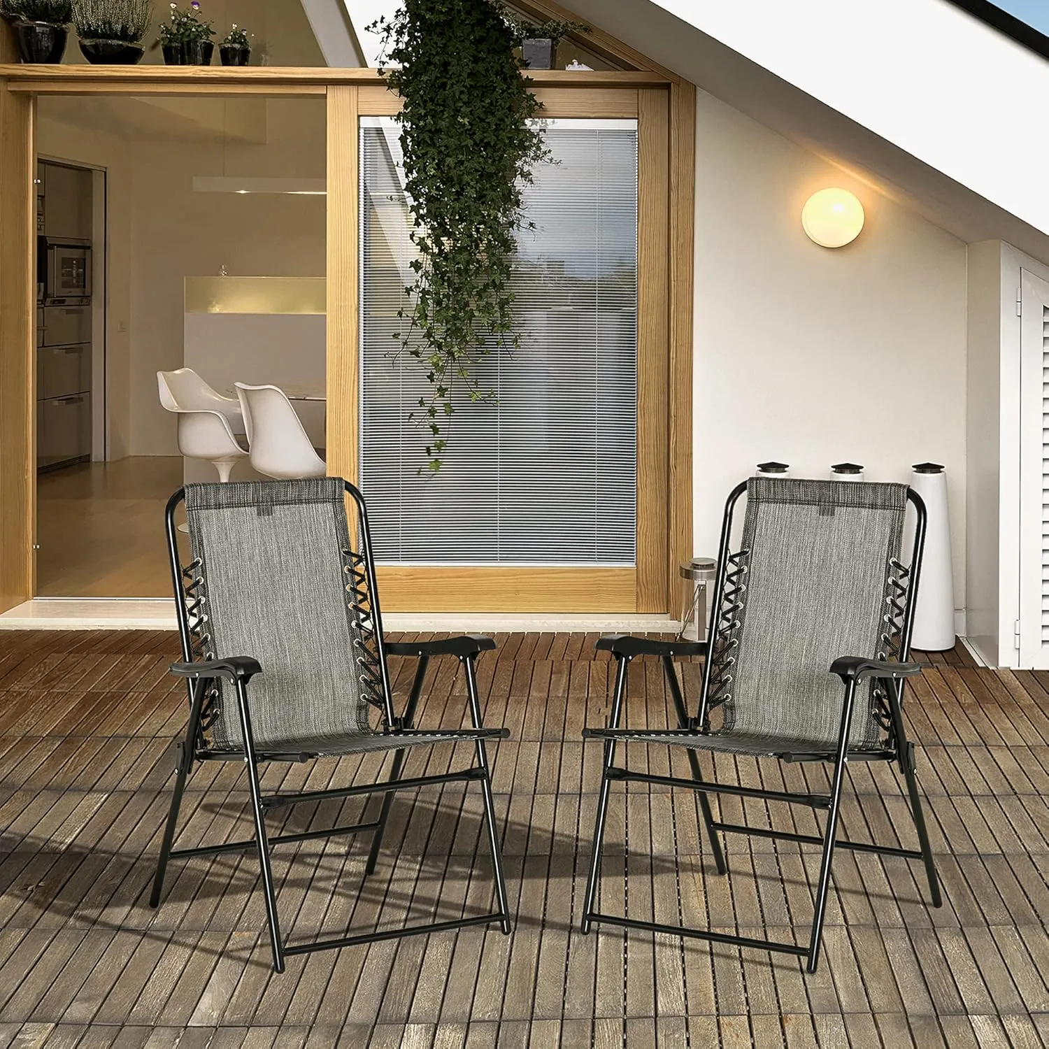 Outsunny Set of 2 Patio Folding Chairs, Outdoor Bungee Sling Chairs w/Armrests, Portable Lawn Chairs for Camping, Garden, Pool, Beach, Backyard, Gray