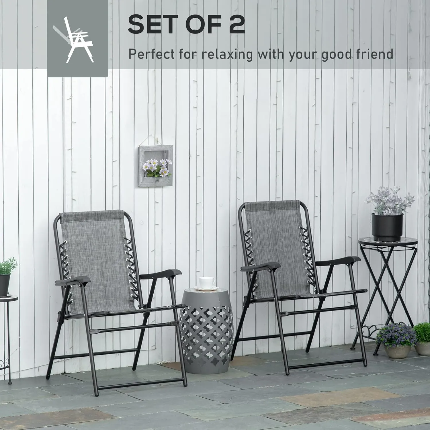 Outsunny Set of 2 Patio Folding Chairs, Outdoor Bungee Sling Chairs w/Armrests, Portable Lawn Chairs for Camping, Garden, Pool, Beach, Backyard, Gray
