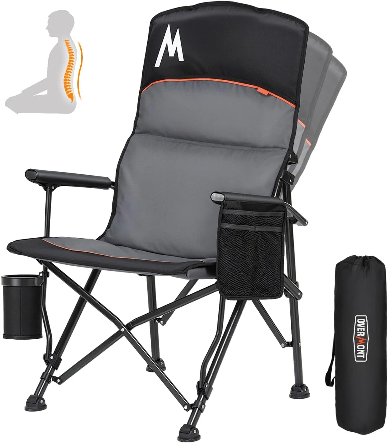 Overmont Back Support Camping Chair for Adults - Oversized with Adjustable High Backrest - Heavy Duty Folding Chair Supports 500 LBS - Cup Holder & Side Pocket – Perfect for Outdoor, Lawn, Beach Use