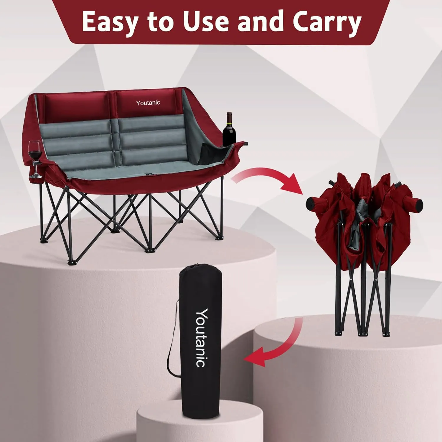 Oversized Camping Chair, Double Folding Loveseat Camping Couch with Pocket, Cup Holder and Carry Bag, Heavy Duty Portable Camping Chairs for Adults, Fishing, Sports, Trip, up to 660lbs, Red