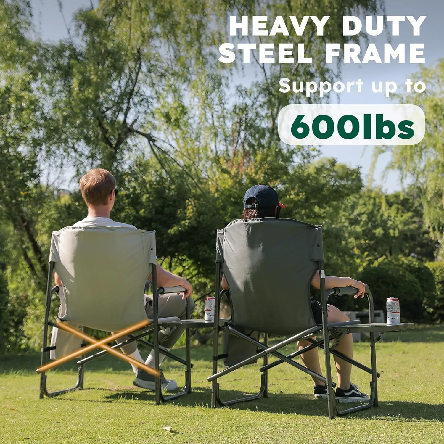 Oversized Directors Camping Chair Set of 2 Support 600 LBS, Heavy Duty Folding Outdoor Chairs with Detachable Side Pocket and Adjustable Side Table for Outside Beach,Lawn,Fishing (Blue)
