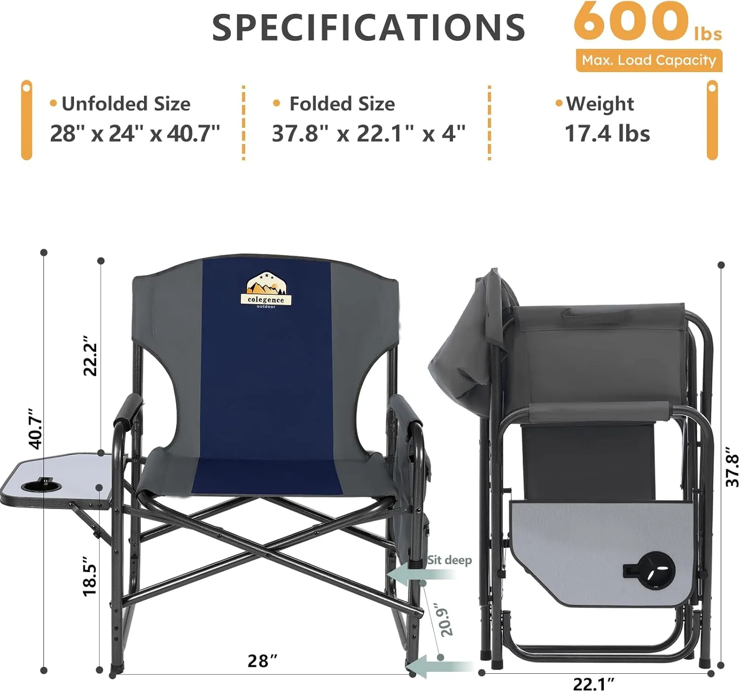 Oversized Directors Camping Chair Set of 2 Support 600 LBS, Heavy Duty Folding Outdoor Chairs with Detachable Side Pocket and Adjustable Side Table for Outside Beach,Lawn,Fishing (Blue)