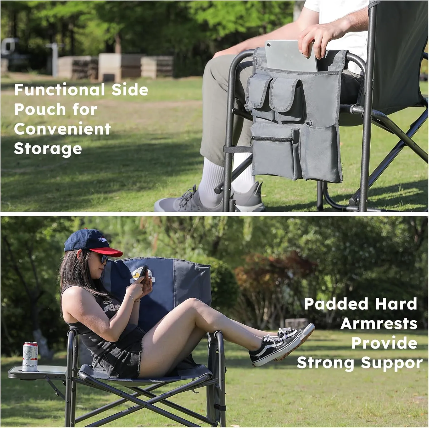 Oversized Directors Camping Chair Set of 2 Support 600 LBS, Heavy Duty Folding Outdoor Chairs with Detachable Side Pocket and Adjustable Side Table for Outside Beach,Lawn,Fishing (Blue)
