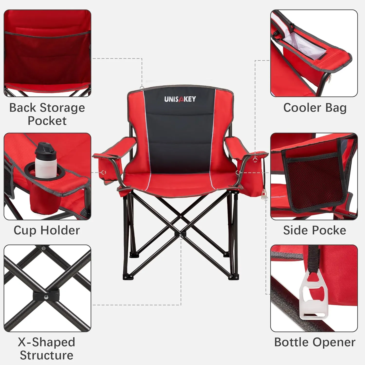 Oversized Folding Camping Chair with Cooler Bag & Cup Holder - 450lbs Capacity, 600D Oxford Fabric, Portable Rocking Chair for Fishing, Camping, Beach, Garden, Red