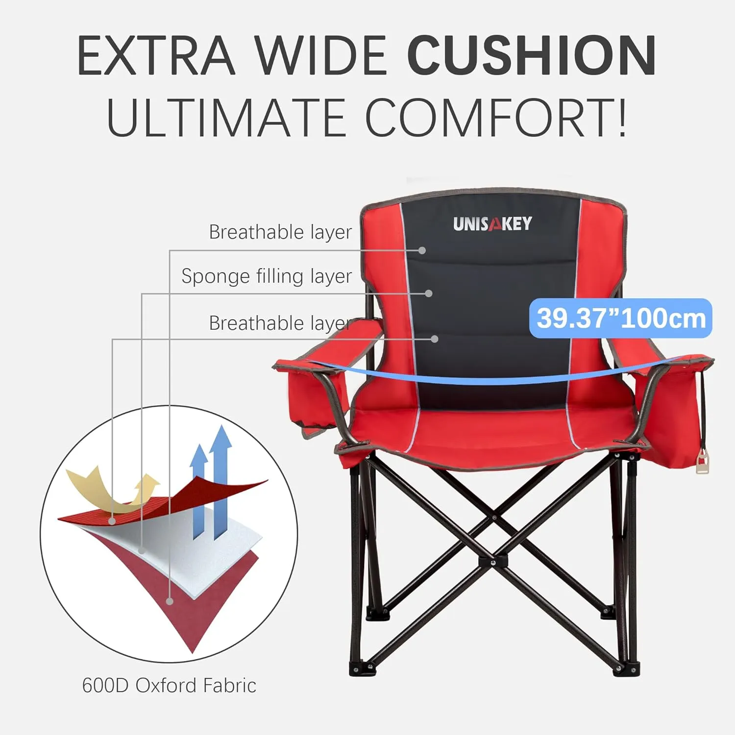 Oversized Folding Camping Chair with Cooler Bag & Cup Holder - 450lbs Capacity, 600D Oxford Fabric, Portable Rocking Chair for Fishing, Camping, Beach, Garden, Red