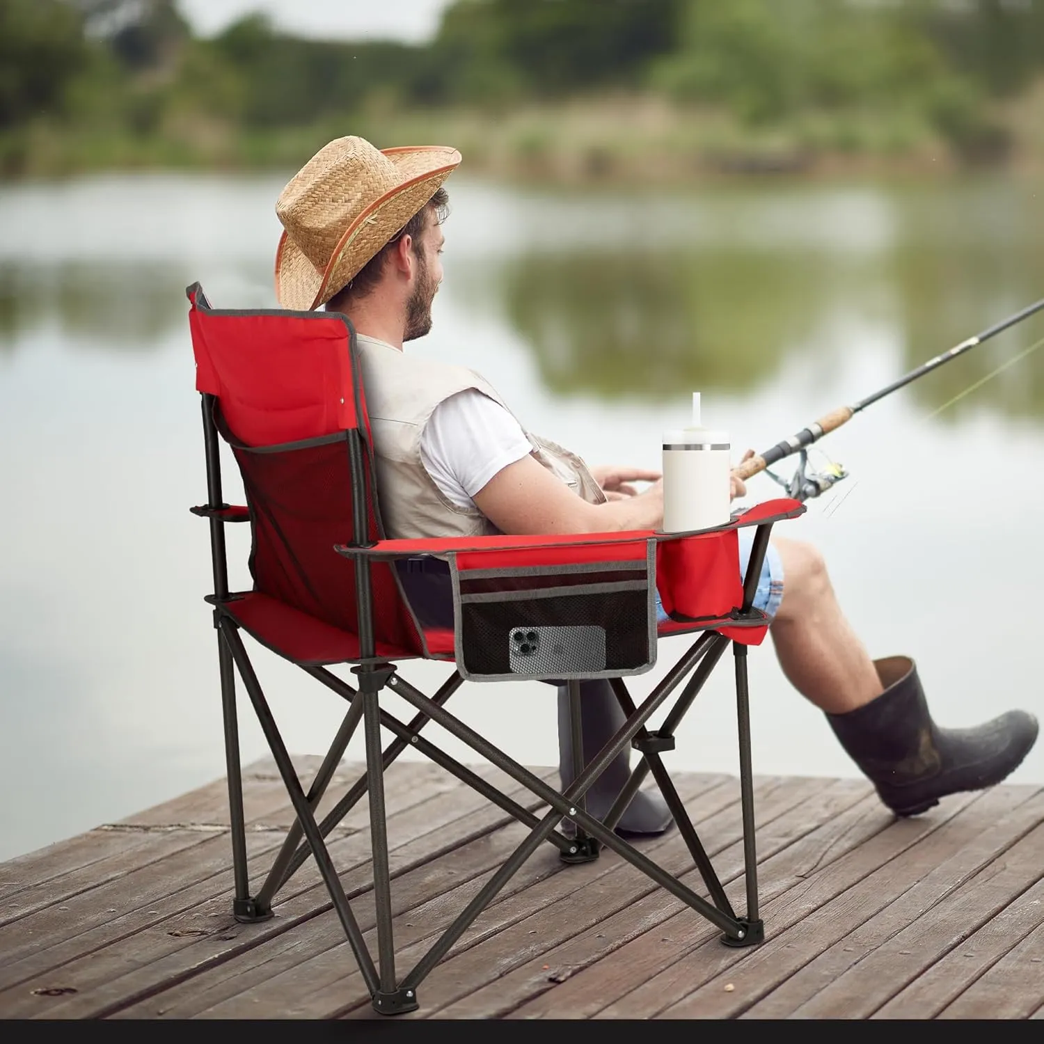 Oversized Folding Camping Chair with Cooler Bag & Cup Holder - 450lbs Capacity, 600D Oxford Fabric, Portable Rocking Chair for Fishing, Camping, Beach, Garden, Red