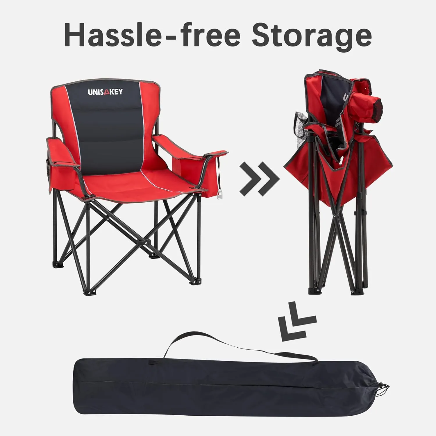 Oversized Folding Camping Chair with Cooler Bag & Cup Holder - 450lbs Capacity, 600D Oxford Fabric, Portable Rocking Chair for Fishing, Camping, Beach, Garden, Red