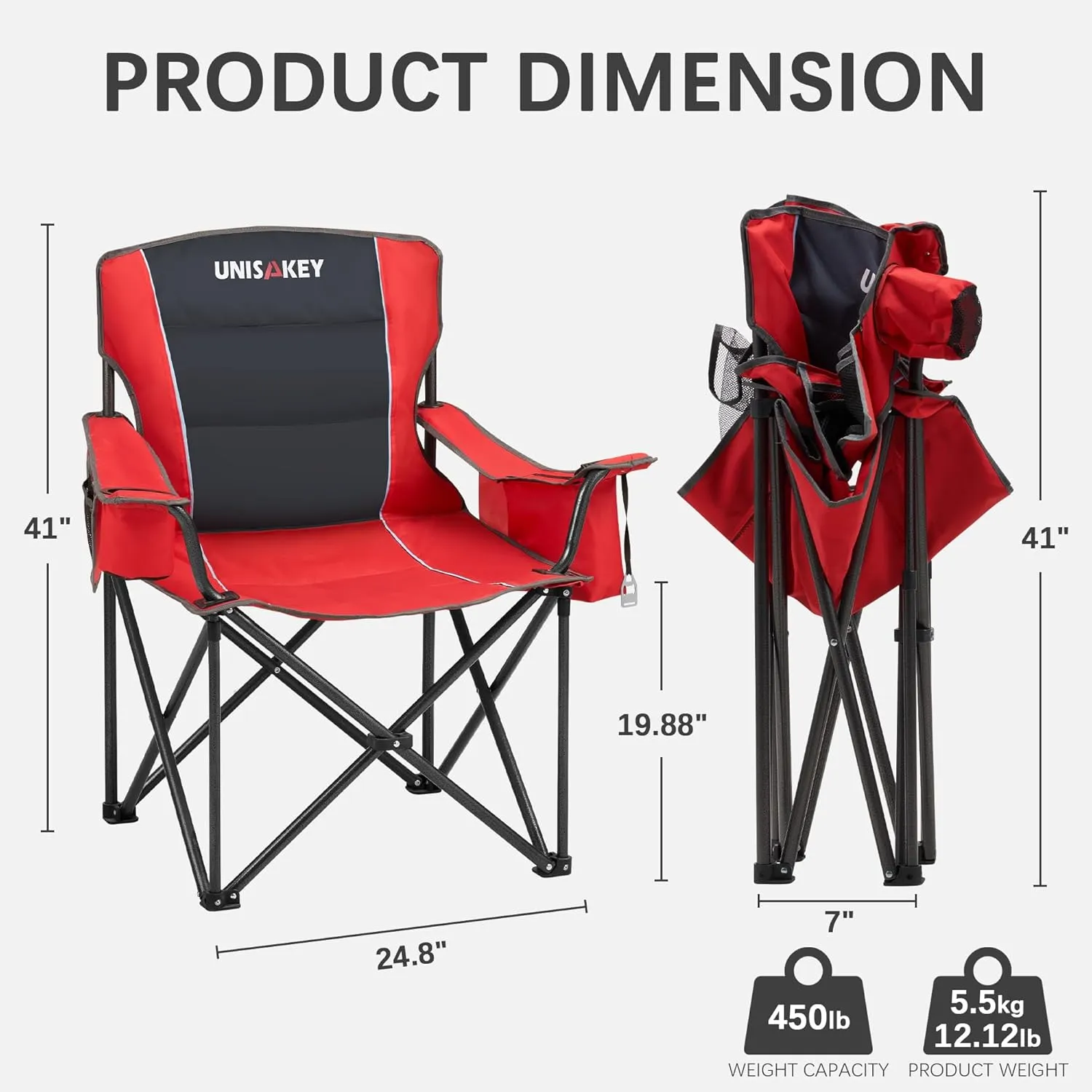 Oversized Folding Camping Chair with Cooler Bag & Cup Holder - 450lbs Capacity, 600D Oxford Fabric, Portable Rocking Chair for Fishing, Camping, Beach, Garden, Red
