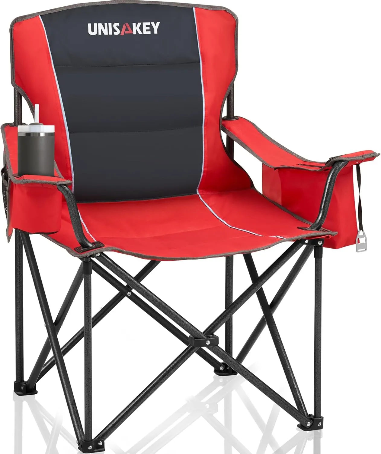 Oversized Folding Camping Chair with Cooler Bag & Cup Holder - 450lbs Capacity, 600D Oxford Fabric, Portable Rocking Chair for Fishing, Camping, Beach, Garden, Red