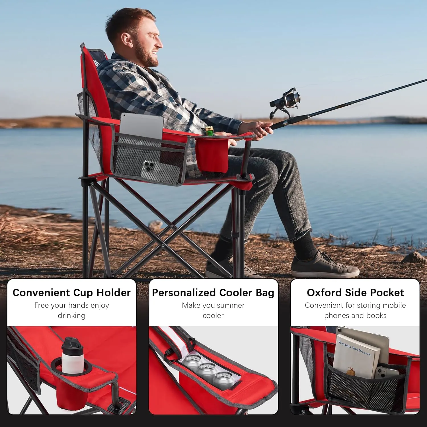 Oversized Folding Camping Chair with Cooler Bag & Cup Holder - 450lbs Capacity, 600D Oxford Fabric, Portable Rocking Chair for Fishing, Camping, Beach, Garden, Red