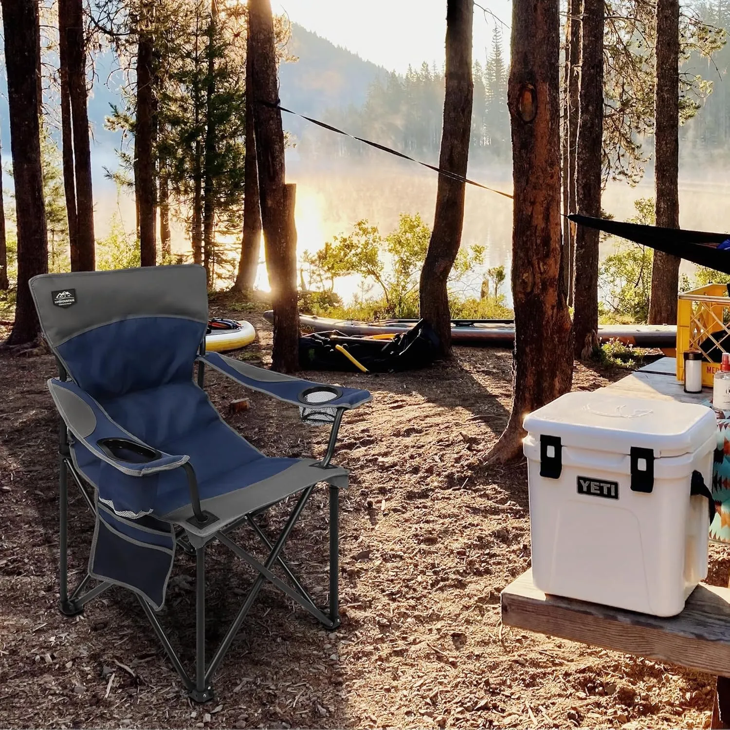 Oversized Folding Camping Chair,Heavy Duty Padded Portable Lawn Chair w/Extra Large Cup Holder,Side Pocket for Adults Outdoor Sports Hiking Beach Garden Picnic,Dark Blue