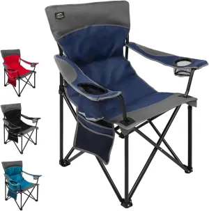Oversized Folding Camping Chair,Heavy Duty Padded Portable Lawn Chair w/Extra Large Cup Holder,Side Pocket for Adults Outdoor Sports Hiking Beach Garden Picnic,Dark Blue