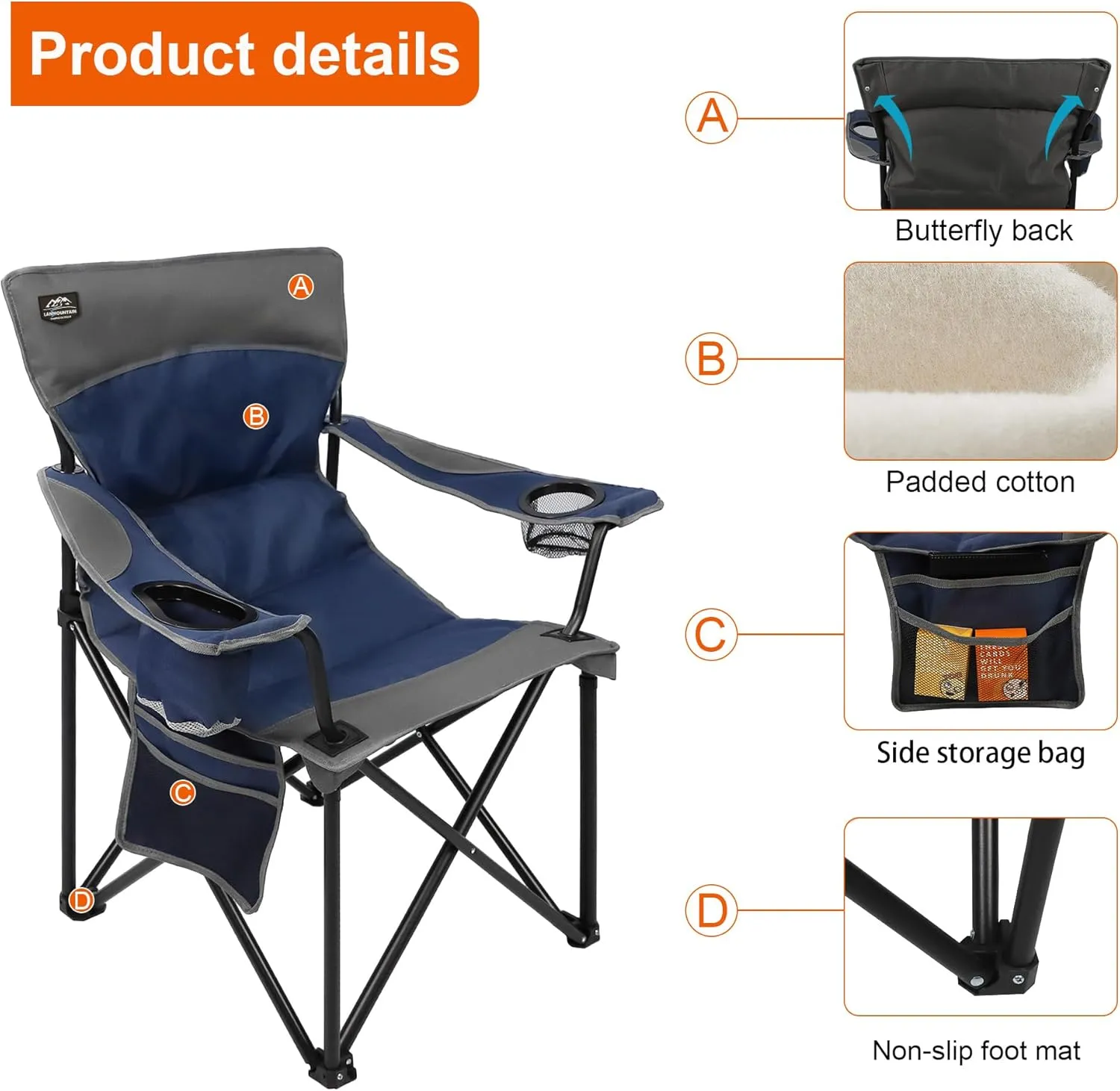 Oversized Folding Camping Chair,Heavy Duty Padded Portable Lawn Chair w/Extra Large Cup Holder,Side Pocket for Adults Outdoor Sports Hiking Beach Garden Picnic,Dark Blue