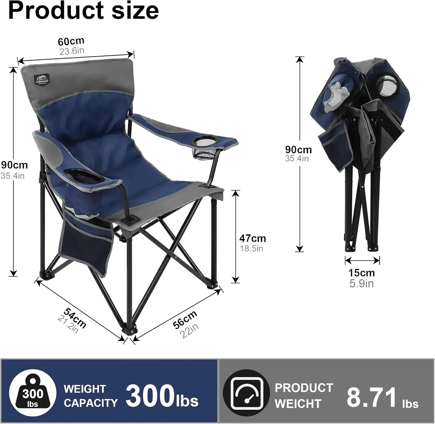 Oversized Folding Camping Chair,Heavy Duty Padded Portable Lawn Chair w/Extra Large Cup Holder,Side Pocket for Adults Outdoor Sports Hiking Beach Garden Picnic,Dark Blue