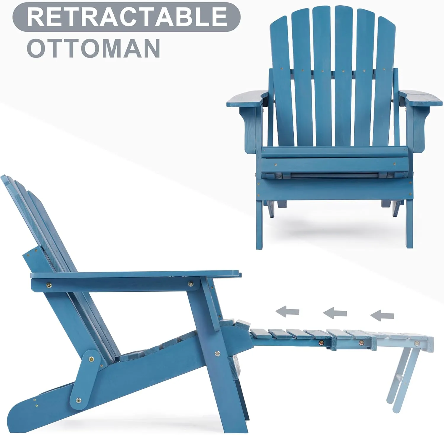 Oversized Wooden Folding Adirondack Chair with Ottoman, Pre-Assembled Backrest and Seat Board, Lounge Chair for Outdoor Patio Garden Lawn Backyard Firepit Deck Pool Beach