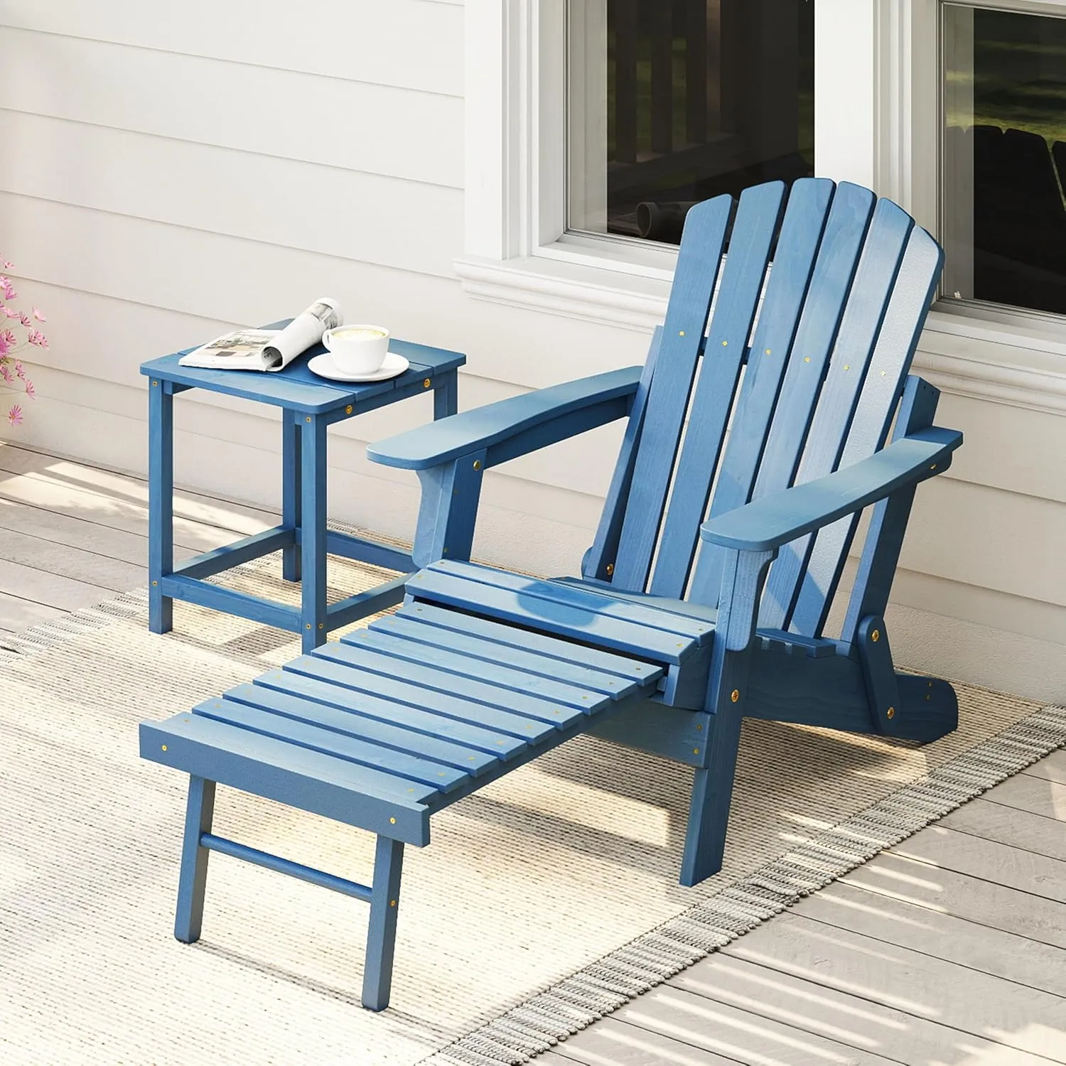 Oversized Wooden Folding Adirondack Chair with Ottoman, Pre-Assembled Backrest and Seat Board, Lounge Chair for Outdoor Patio Garden Lawn Backyard Firepit Deck Pool Beach