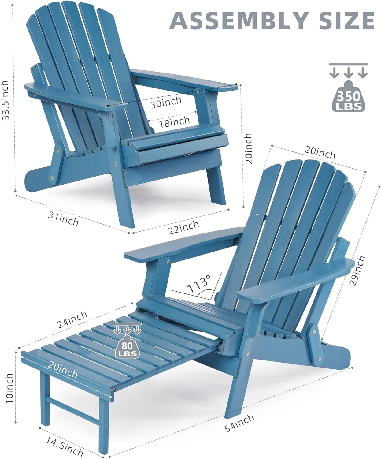 Oversized Wooden Folding Adirondack Chair with Ottoman, Pre-Assembled Backrest and Seat Board, Lounge Chair for Outdoor Patio Garden Lawn Backyard Firepit Deck Pool Beach