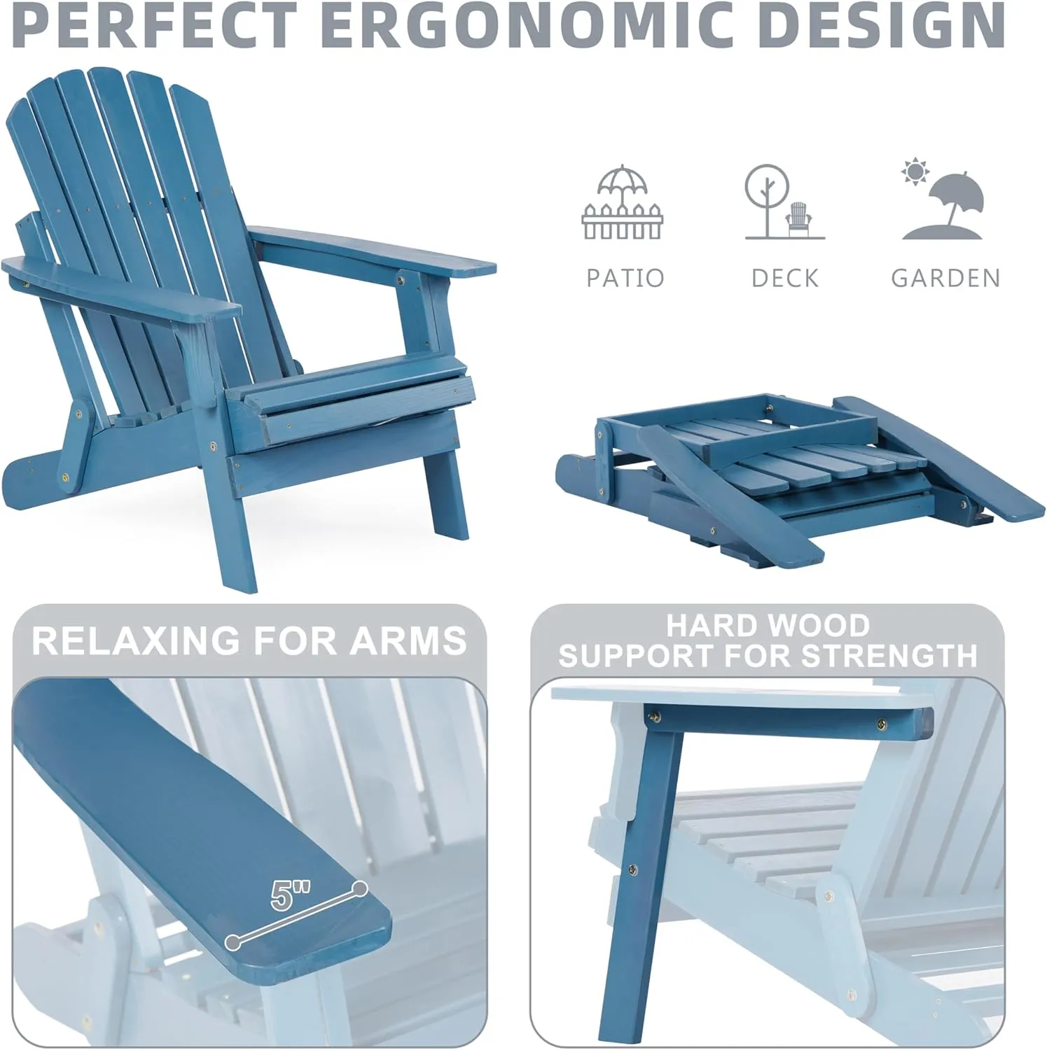 Oversized Wooden Folding Adirondack Chair with Ottoman, Pre-Assembled Backrest and Seat Board, Lounge Chair for Outdoor Patio Garden Lawn Backyard Firepit Deck Pool Beach