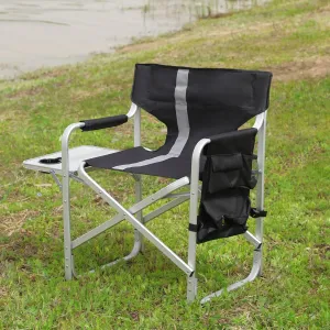 Padded Folding Outdoor Chair with Side Table - Lightweight Oversized Directors Chair with Storage Pockets for Camping, Picnics, Fishing - Black/Grey (34.83"x18.90"x31.50")