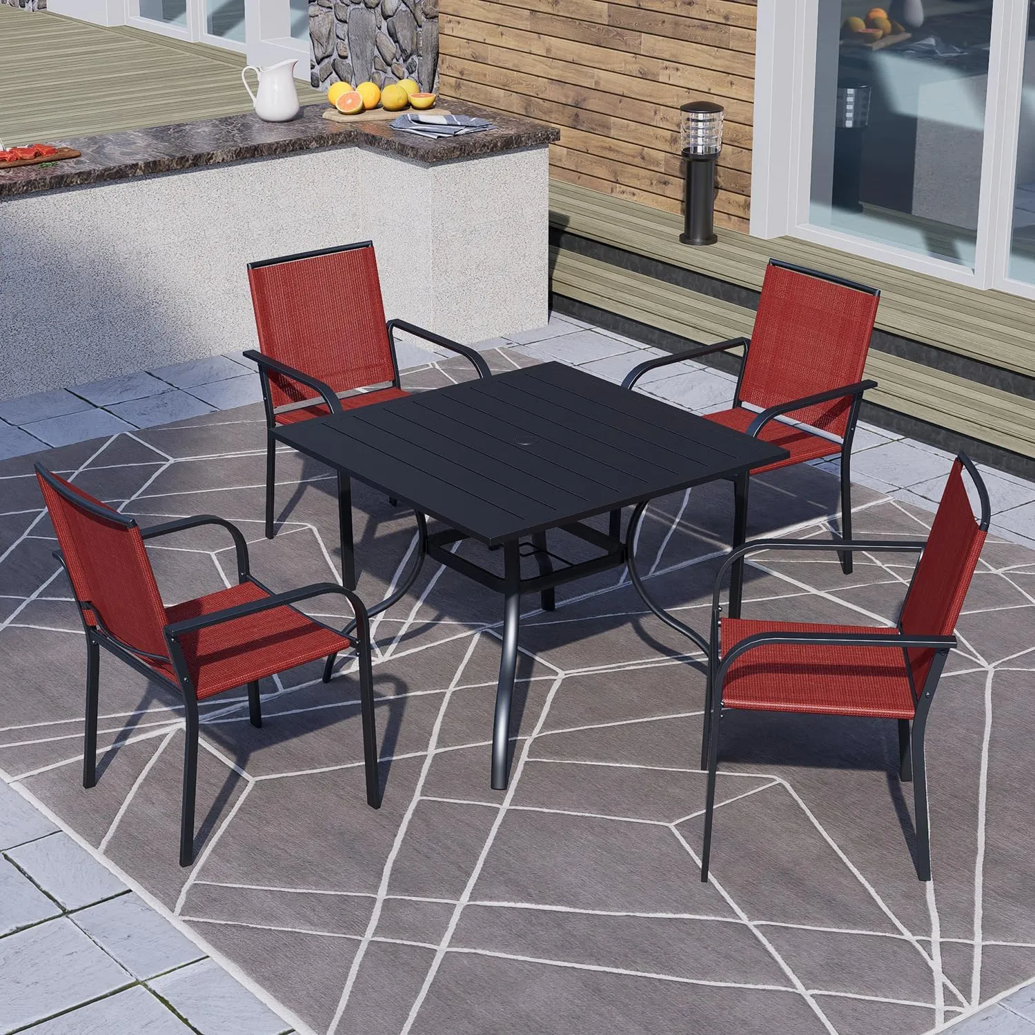 Patio Dining Chairs Set of 6, Outdoor Bistro Stackable Chair with Armrest, Sling Support and Metal Frame - Red