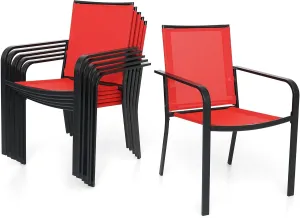 Patio Dining Chairs Set of 6, Outdoor Bistro Stackable Chair with Armrest, Sling Support and Metal Frame - Red