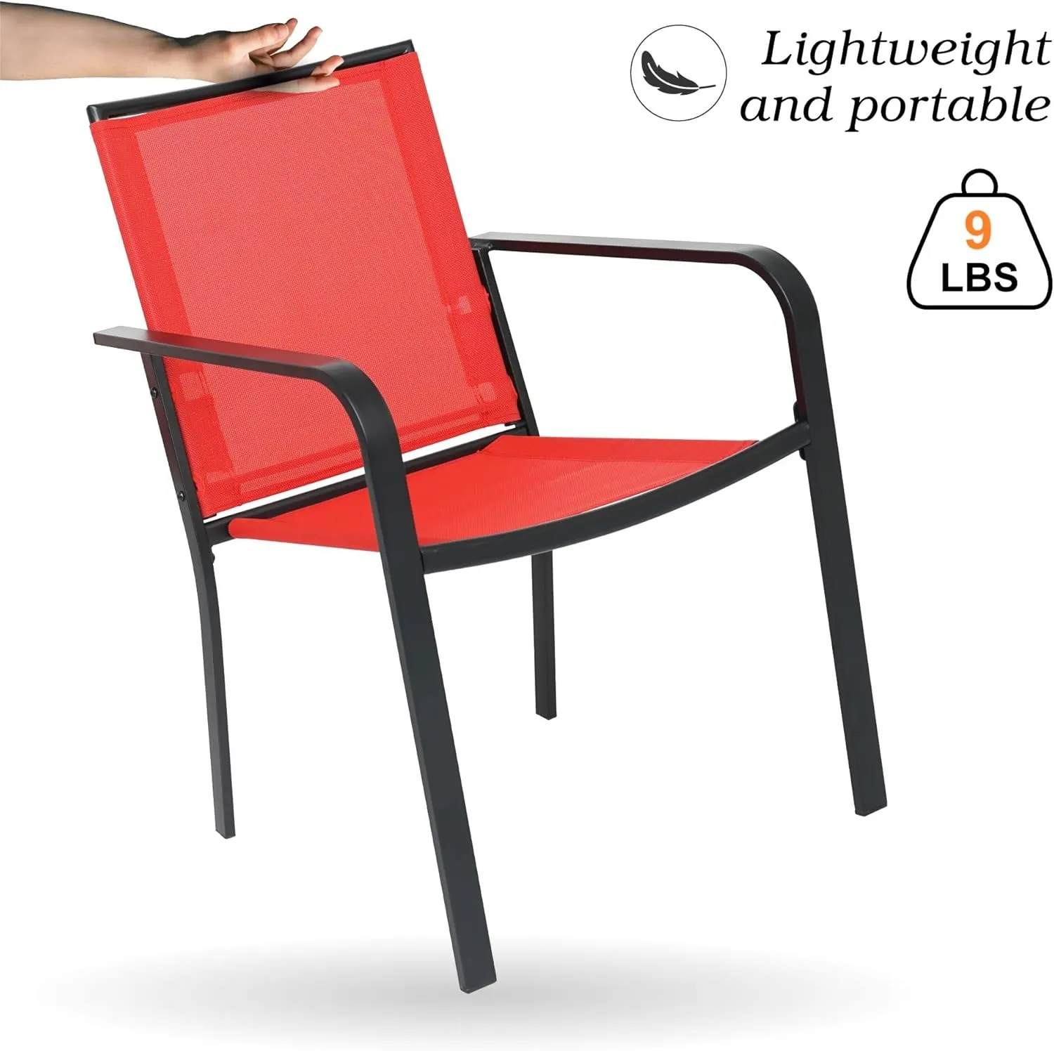 Patio Dining Chairs Set of 6, Outdoor Bistro Stackable Chair with Armrest, Sling Support and Metal Frame - Red