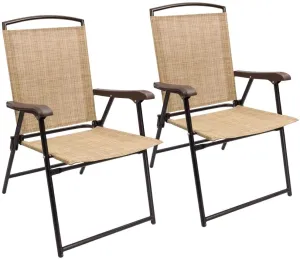 Patio Folding Chair Deck Sling Back Chair Camping Garden Pool Beach Using Chairs Space Saving Set of 2 (Beige)