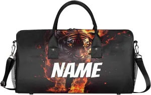 Personalized Fire Tiger Travel Duffel Bag with Name, Custom Gym Sport Bag Wild Animal Theme Carry On Weekend Overnight Duffel Bag for Men Women