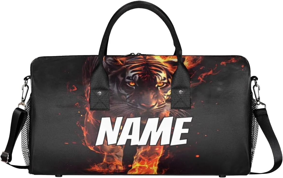 Personalized Fire Tiger Travel Duffel Bag with Name, Custom Gym Sport Bag Wild Animal Theme Carry On Weekend Overnight Duffel Bag for Men Women