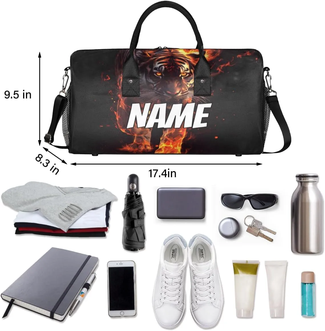 Personalized Fire Tiger Travel Duffel Bag with Name, Custom Gym Sport Bag Wild Animal Theme Carry On Weekend Overnight Duffel Bag for Men Women