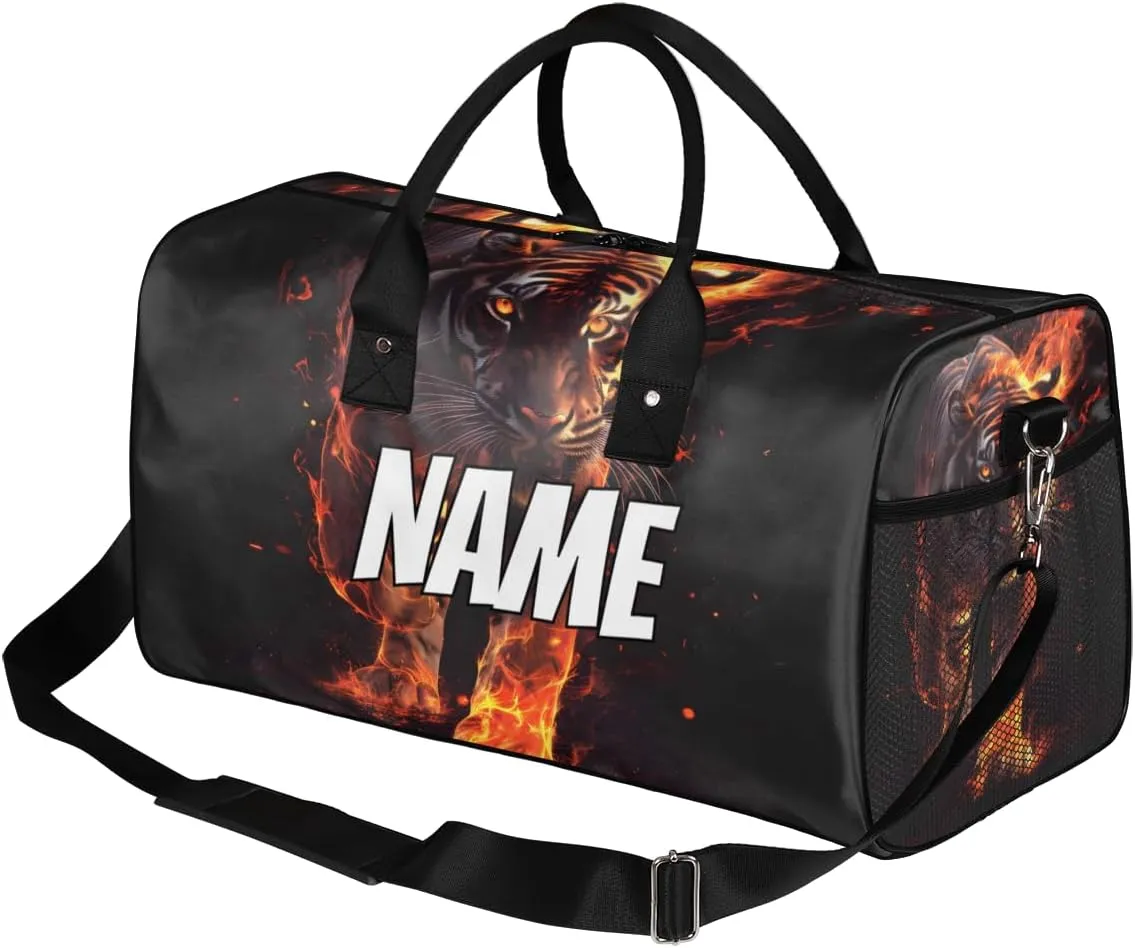 Personalized Fire Tiger Travel Duffel Bag with Name, Custom Gym Sport Bag Wild Animal Theme Carry On Weekend Overnight Duffel Bag for Men Women