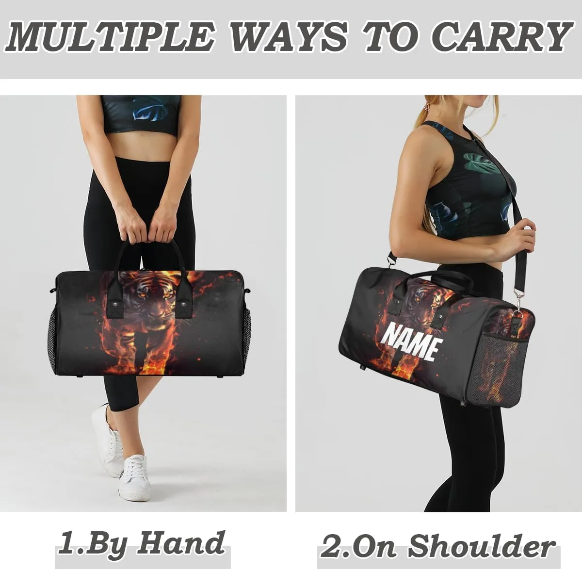 Personalized Fire Tiger Travel Duffel Bag with Name, Custom Gym Sport Bag Wild Animal Theme Carry On Weekend Overnight Duffel Bag for Men Women