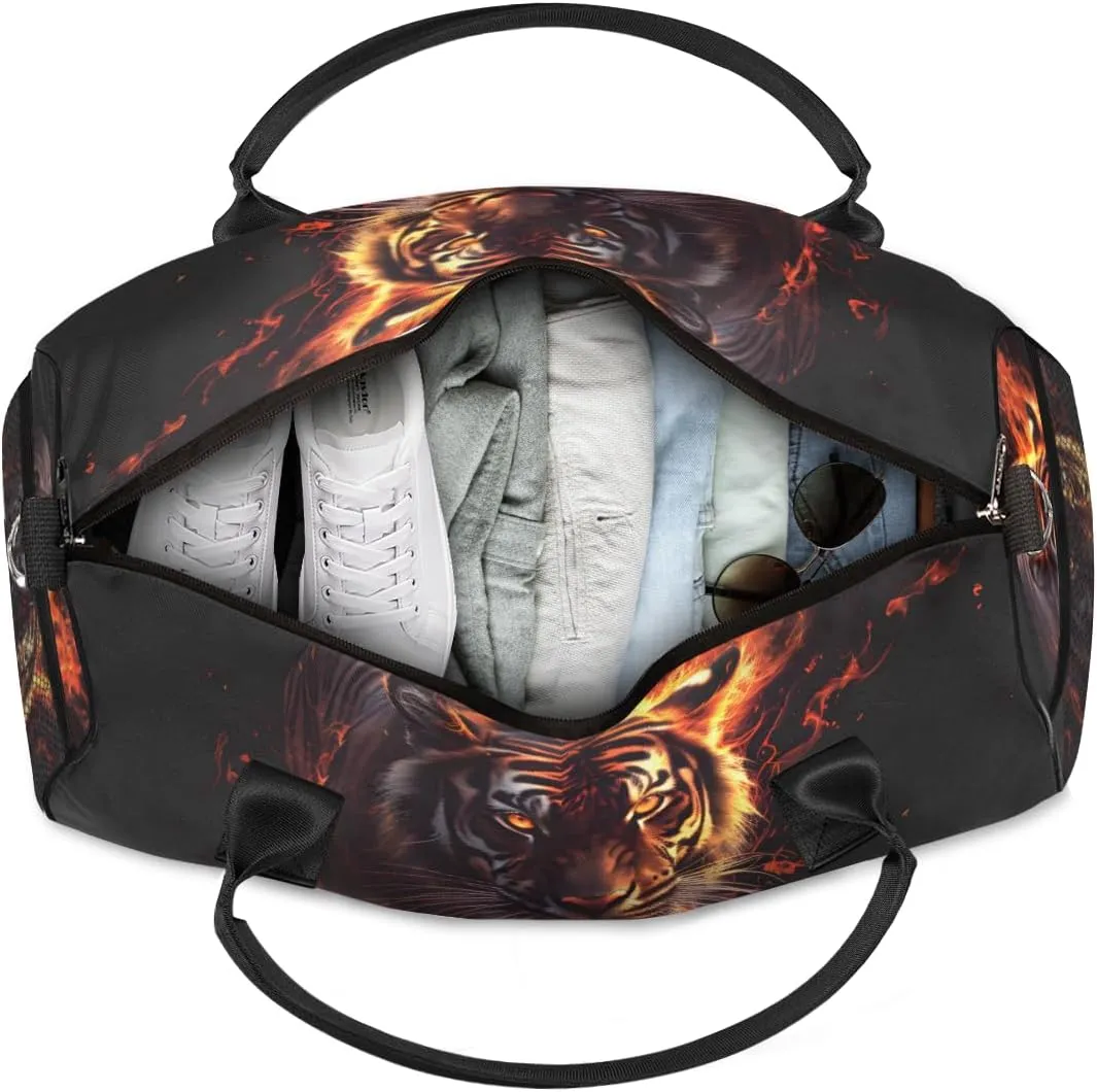 Personalized Fire Tiger Travel Duffel Bag with Name, Custom Gym Sport Bag Wild Animal Theme Carry On Weekend Overnight Duffel Bag for Men Women