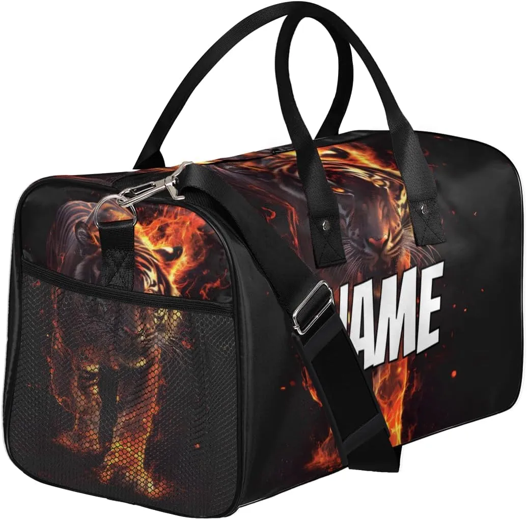 Personalized Fire Tiger Travel Duffel Bag with Name, Custom Gym Sport Bag Wild Animal Theme Carry On Weekend Overnight Duffel Bag for Men Women