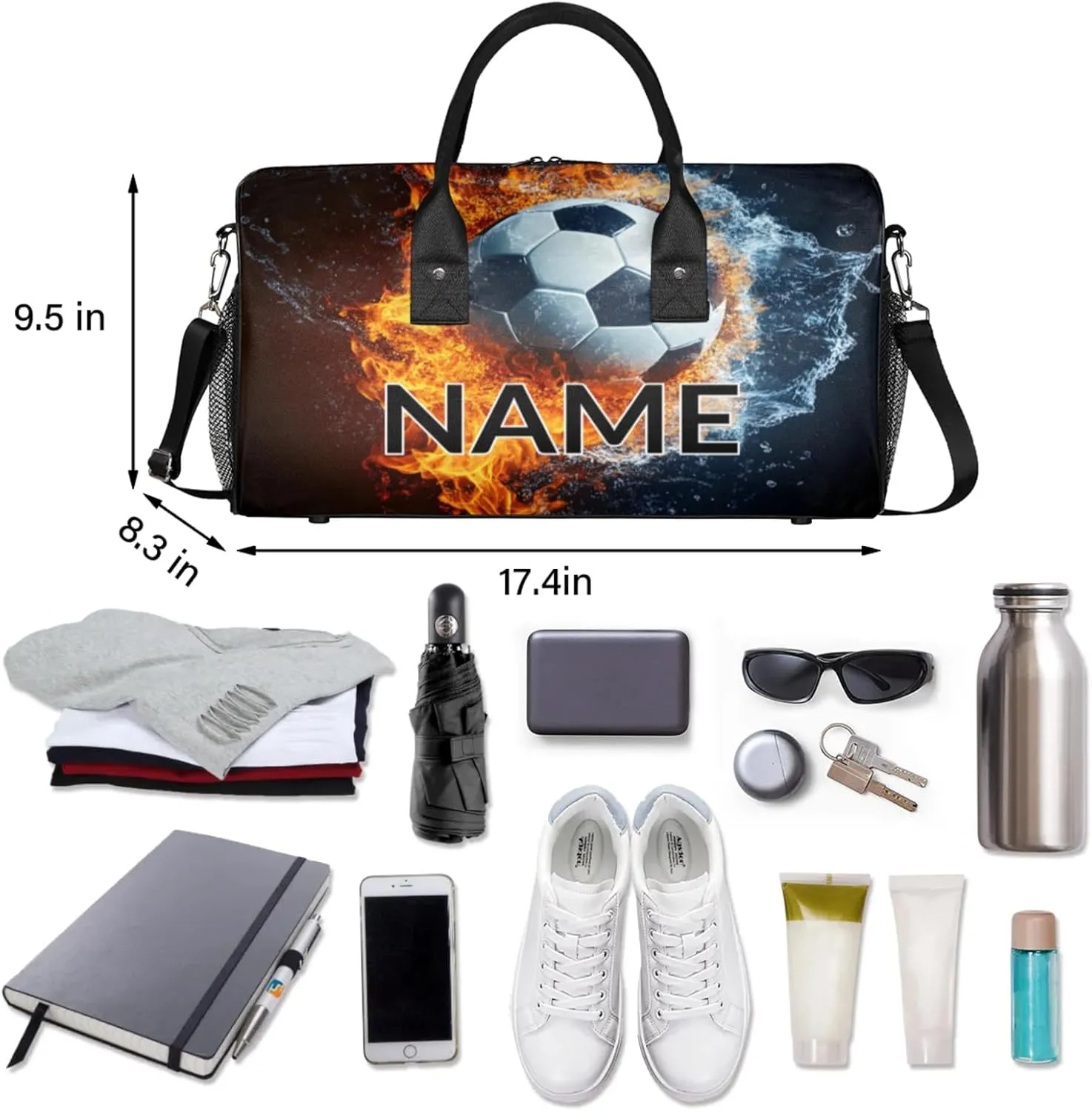 Personalized Soccer Ball Travel Duffel Bag with Name, Custom Gym Sport Bag Fire Water Splashing Carry On Weekend Overnight Duffel Bag for Men Women