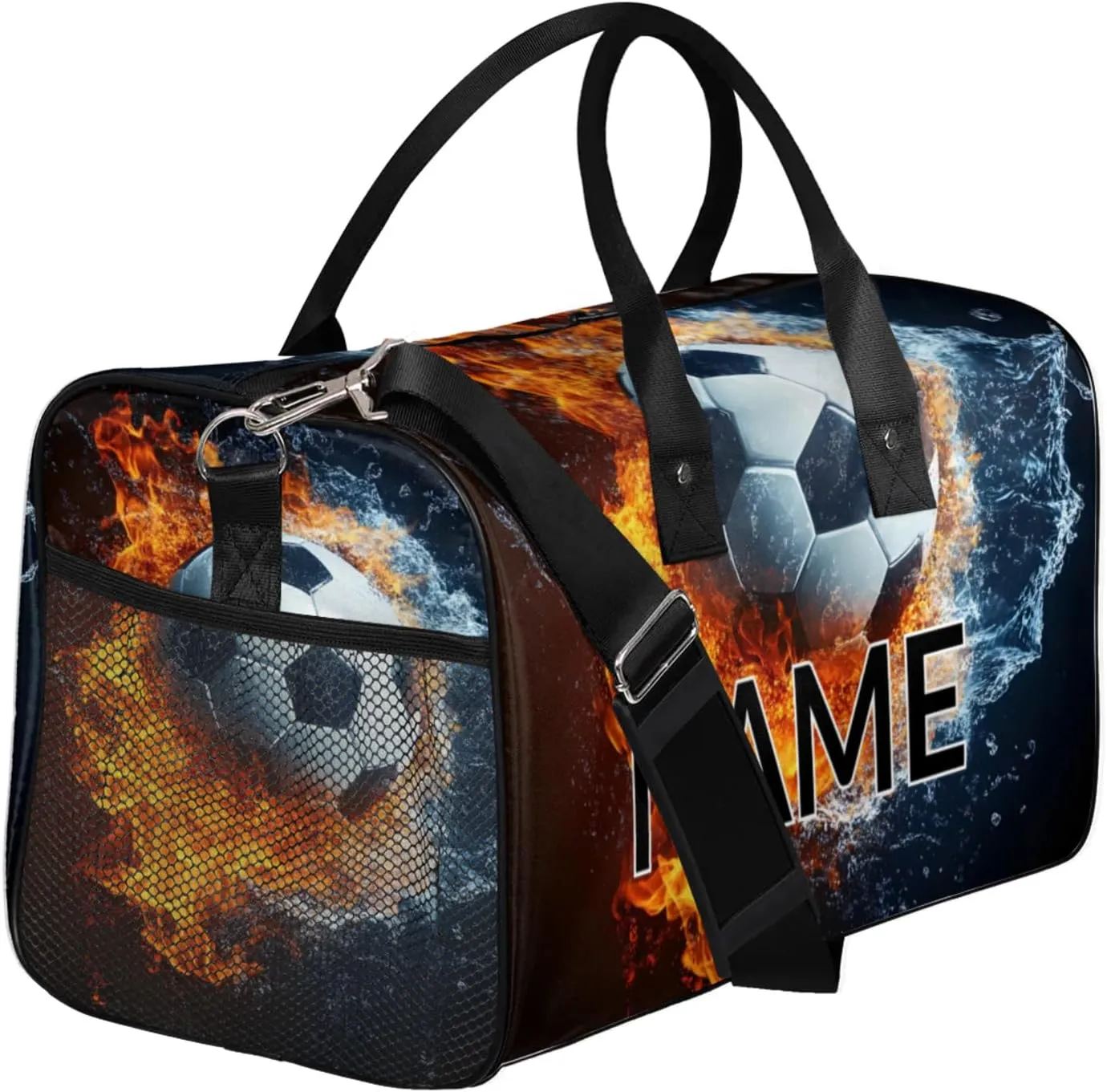 Personalized Soccer Ball Travel Duffel Bag with Name, Custom Gym Sport Bag Fire Water Splashing Carry On Weekend Overnight Duffel Bag for Men Women