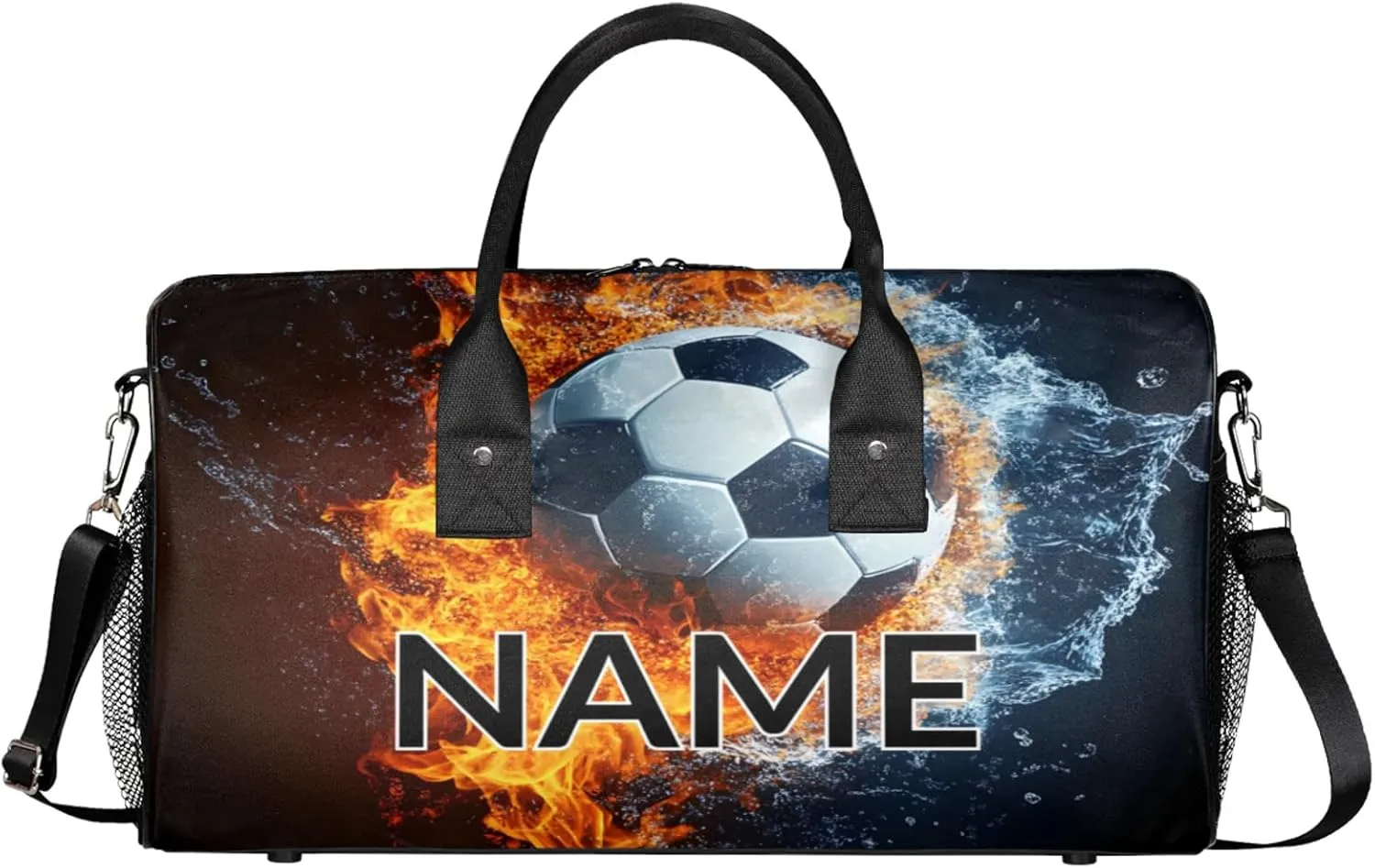 Personalized Soccer Ball Travel Duffel Bag with Name, Custom Gym Sport Bag Fire Water Splashing Carry On Weekend Overnight Duffel Bag for Men Women