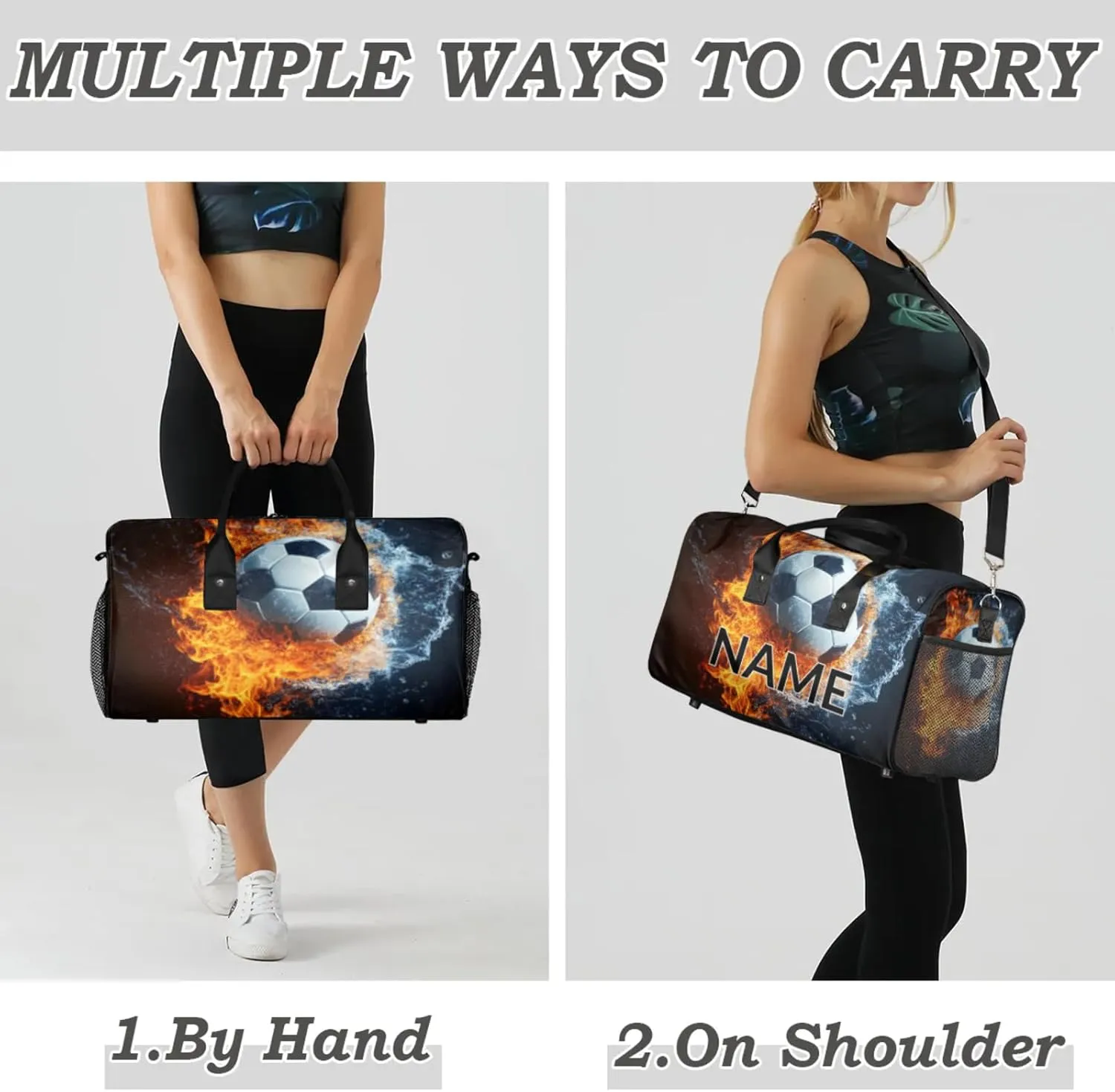 Personalized Soccer Ball Travel Duffel Bag with Name, Custom Gym Sport Bag Fire Water Splashing Carry On Weekend Overnight Duffel Bag for Men Women