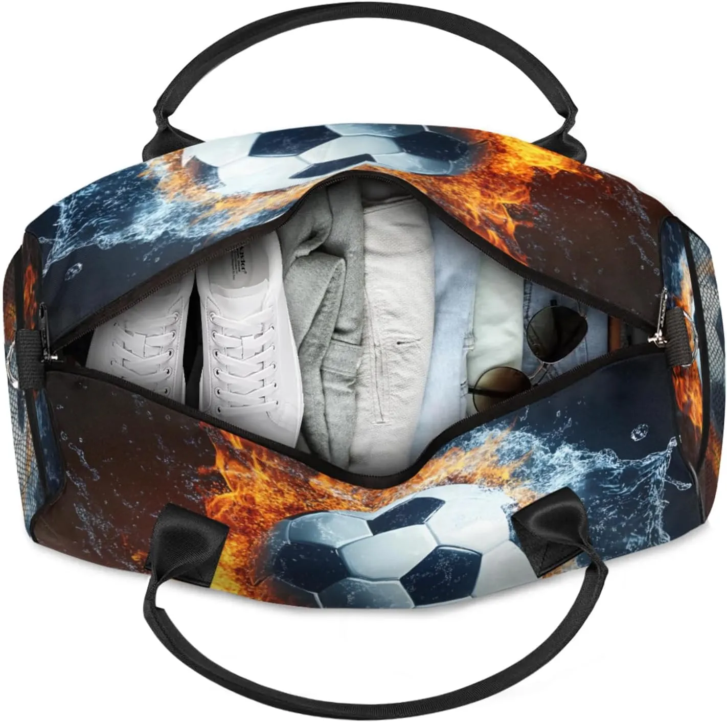 Personalized Soccer Ball Travel Duffel Bag with Name, Custom Gym Sport Bag Fire Water Splashing Carry On Weekend Overnight Duffel Bag for Men Women