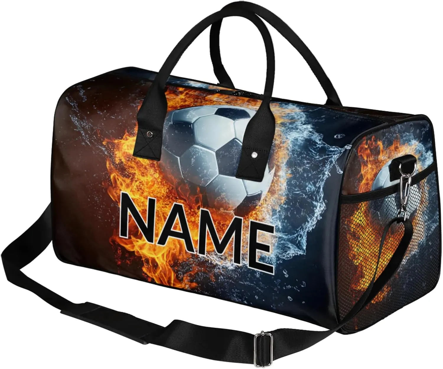 Personalized Soccer Ball Travel Duffel Bag with Name, Custom Gym Sport Bag Fire Water Splashing Carry On Weekend Overnight Duffel Bag for Men Women