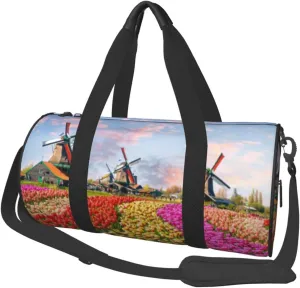 Peynir Dutch Windmills Tulips Flowers Foldable Travel Duffel Bag Large Size Sports Gym Bag Multifunctional Weekender Overnigh Bag, Fashion
