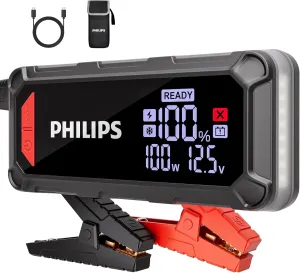 PHILIPS 3500A Car Battery Jump Starter, 12V 24000mah Portable Lithium Jump Starter Battery Pack (11L Gas 8L Diesel Engine) with 100W Quick Charge, DC Output, LED Screen,LED Light