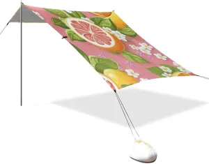 Pink Lemon Flower Designed UPF50 Foldable Beach Cabana Water-Resistant Sun Shelter Includes Sand Shovel, Sandbags, Stability Poles for Camping, Picnics, Backyard carpas de sol para la Playa