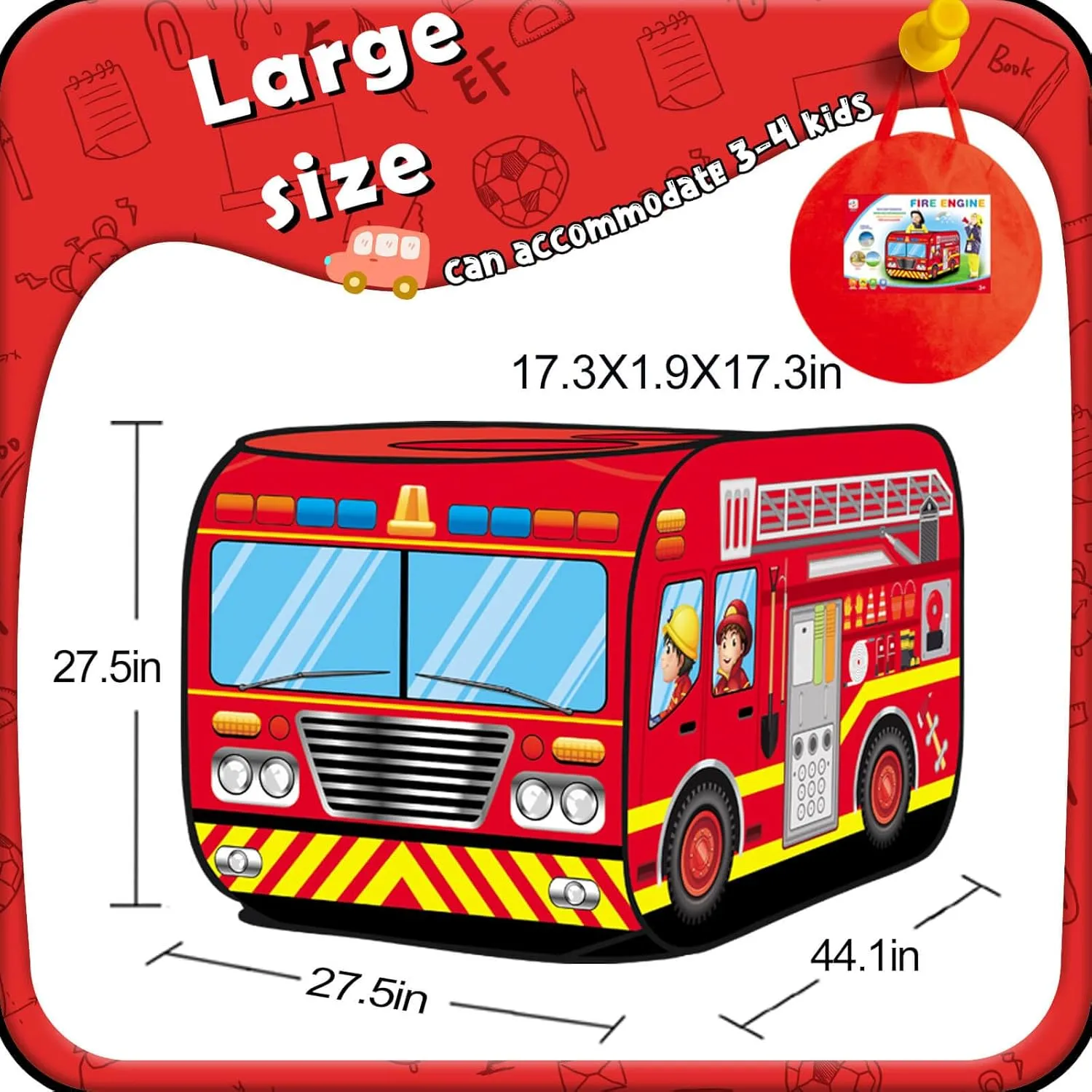 Pop up Play Tent for Kids Aged 1-3 Years Old Boys and Girls : Fire Truck Tent Playhouse Toy Play Tents for Toddlers 3-5 Kids Tent Indoor Outdoor Playhouse Toys for 1   Year Old, Fire Truck