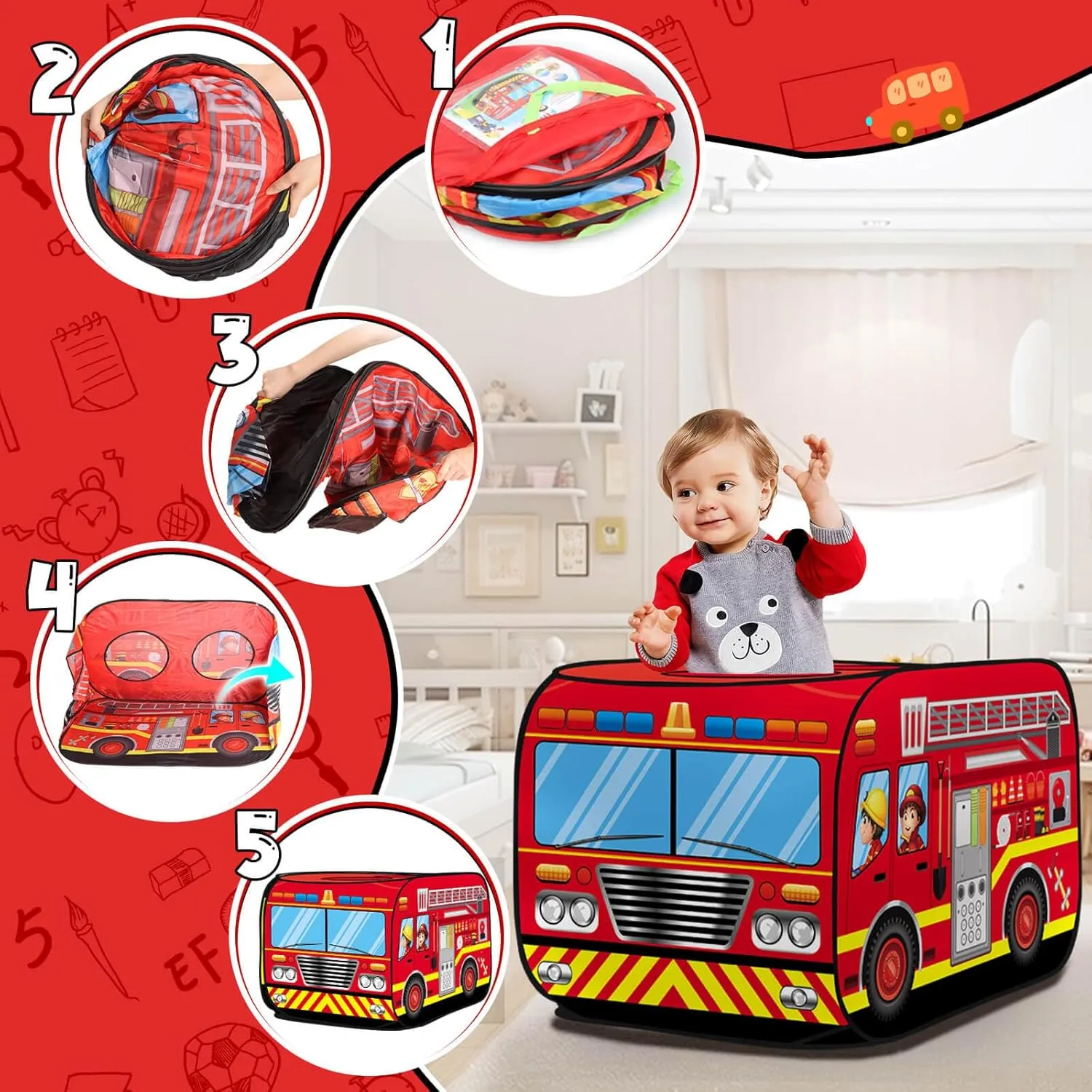Pop up Play Tent for Kids Aged 1-3 Years Old Boys and Girls : Fire Truck Tent Playhouse Toy Play Tents for Toddlers 3-5 Kids Tent Indoor Outdoor Playhouse Toys for 1   Year Old, Fire Truck